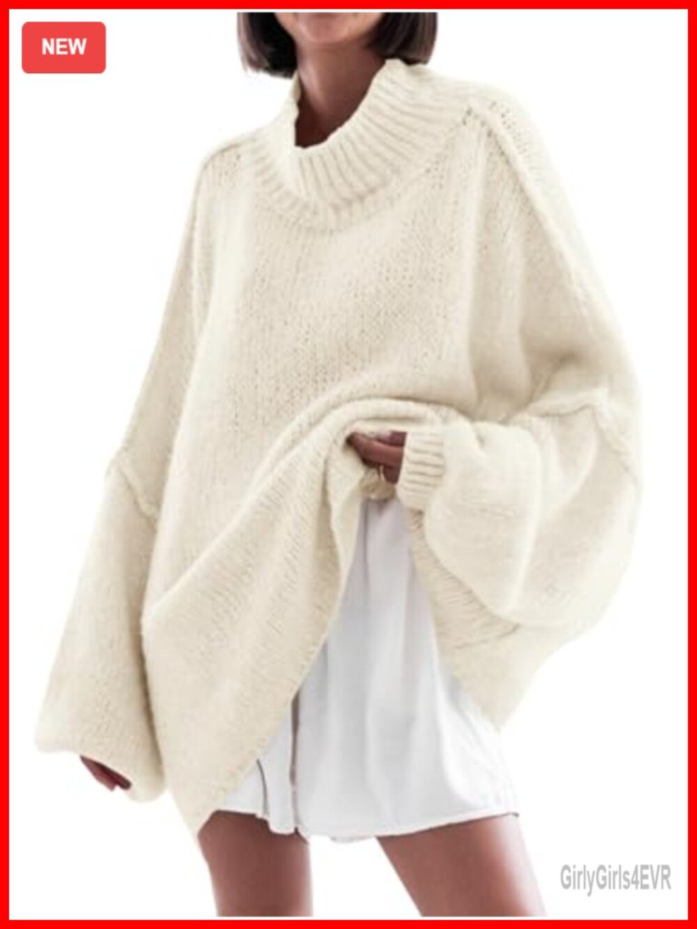 Oversized Mock Neck Tunic Sweater Batwing Long Sleeve Ribbed Knit